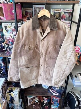 Vintage Carhartt Chore Coat Brown Distressed Workwear Blanket Lined USA S M